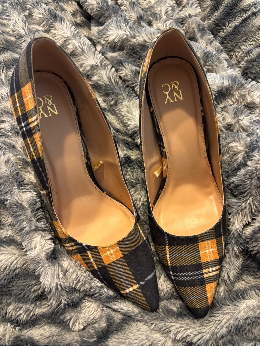 New York & Company Plaid Pointed-Toe Pumps in Mustard and Black